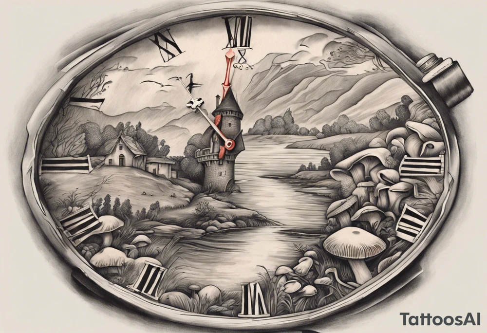 Le tattoo doit intégrer, un paysage montagneux, une horloge à 21h44.
Il faut aussi une pellicule de cinéma déroulée. Un vieux chapeau de l'armée italienne. des petits champignons au bord d'une rivière. avec une main de poker gagnante tattoo idea