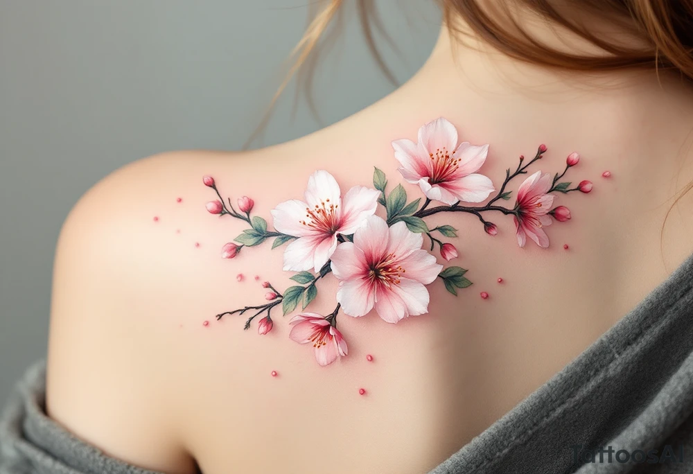 A delicate cherry blossom tattoo features soft pink and pale white flowers with subtle gradients, blooming along a slender dark brown branch with hints of mossy green leaves, often accented by falling petals in translucent rose hues for a graceful, airy effect. tattoo idea