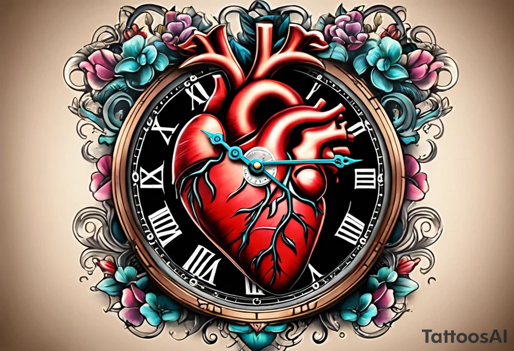 anatomical heart with clock in middle.
Clock hands on 8 and 5.
Never Say Never written on tattoo tattoo idea