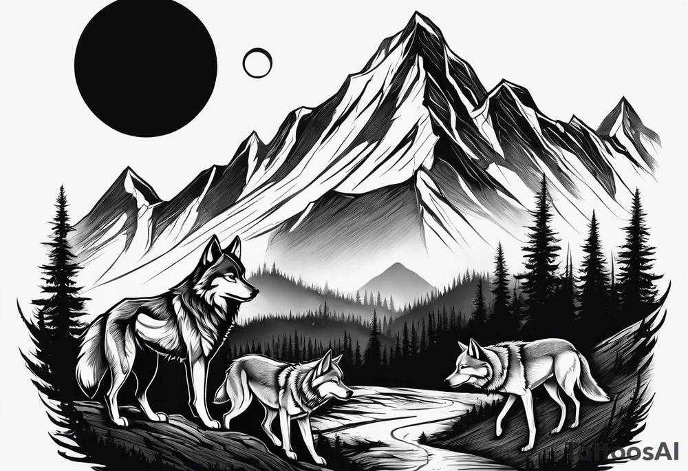 Half sleeve
Peaks of mountains with a moon behind it
Dark woods below the mountains with a narrow trail with two wolves on bottom of the trails tattoo idea