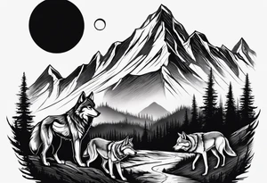 Half sleeve
Peaks of mountains with a moon behind it
Dark woods below the mountains with a narrow trail with two wolves on bottom of the trails tattoo idea