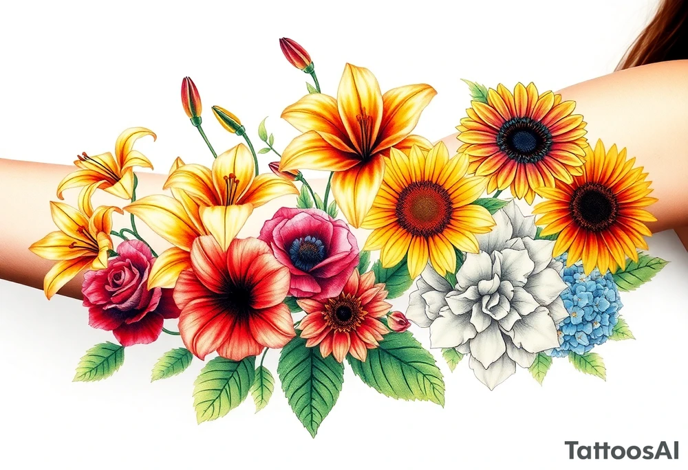 6 vintage star gazer lillies some yellow some red wild roses and sunflowers and hydrangea tattoo idea