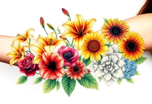 6 vintage star gazer lillies some yellow some red wild roses and sunflowers and hydrangea tattoo idea