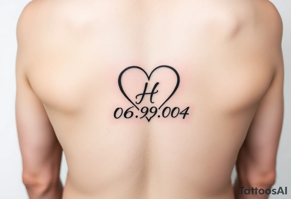 06/09/04 written and under the date is a heart inside the heart is a letter H in cursive on the lower back waist tattoo idea