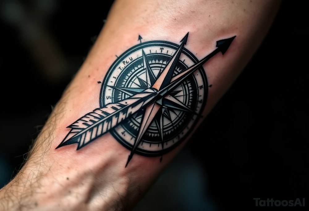 Rustic half compass with a long native American arrow pointing at my wrist with the words “True North” and says "Isaiah 40:31" tattoo idea