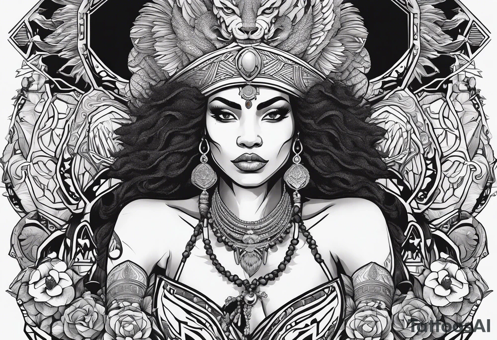 valkrye, kali, pirate, african goddess, , warrior, native american, lotus, zenza resonance, skulls, dragon, pachamama, left side face, chest, right wing, tattoo idea