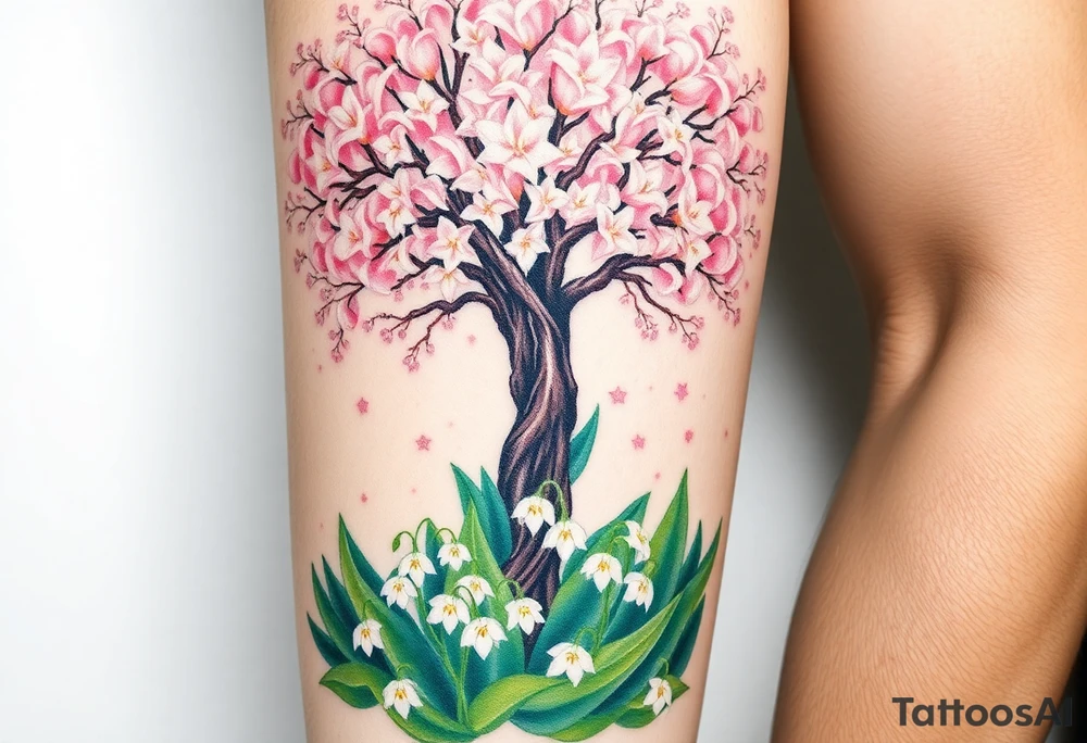 White flowering Lilly of the vally bell plants on the ground underneath a majestic blooming hawthorn tree tattoo idea