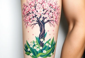 White flowering Lilly of the vally bell plants on the ground underneath a majestic blooming hawthorn tree tattoo idea
