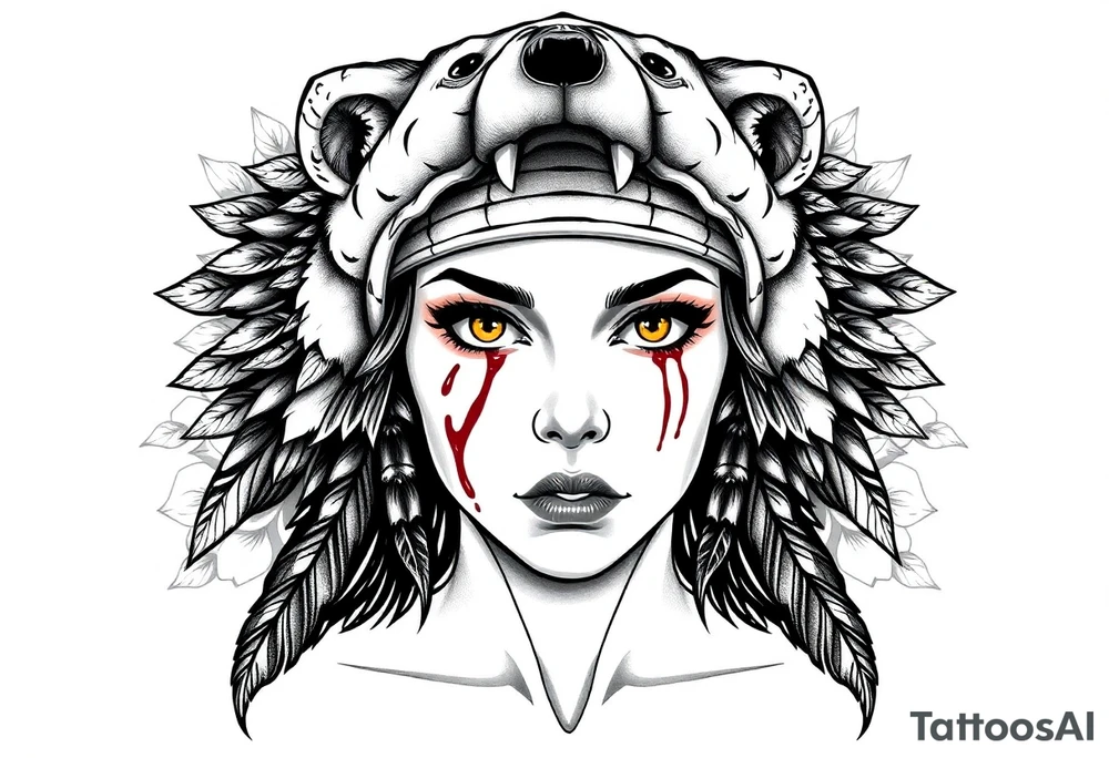 Symmetrical Beautiful Woman, looking forward, with colored eyes, shedding a tear, with battle scars and blood on face, with soft look, wearing a mean looking bear headdress on head, with flower background tattoo idea