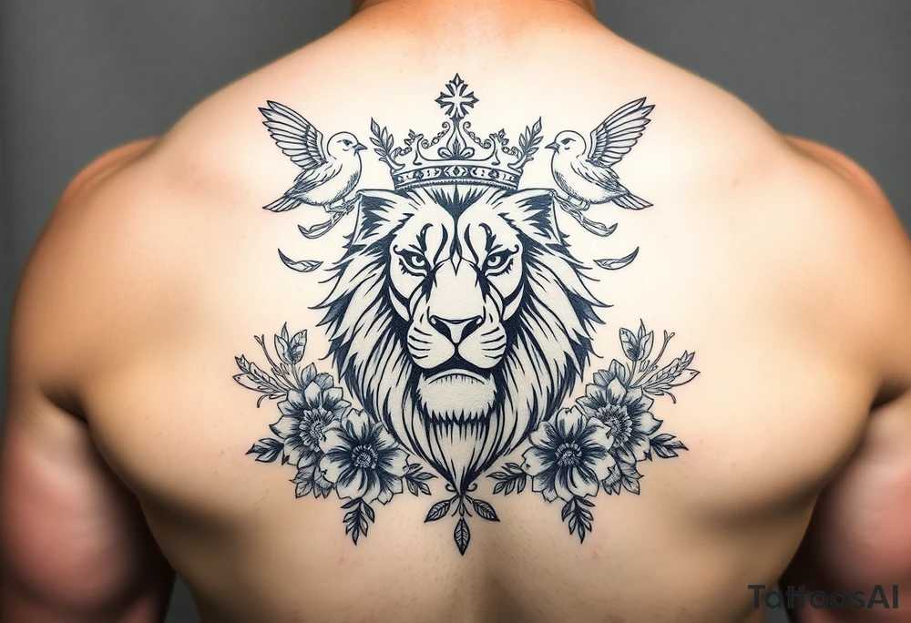 powerful majestic lion with a crown, surrounded by floral ornaments and birds tattoo idea