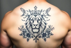 powerful majestic lion with a crown, surrounded by floral ornaments and birds tattoo idea