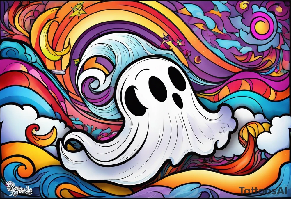 Cartoon ghost on lsd tattoo idea