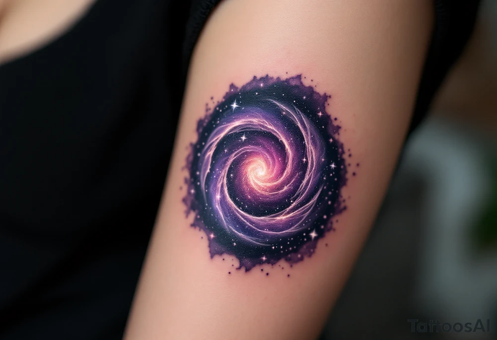 A galaxy-themed spiral in dark purples and star-speckled silvers, echoing the shape of a nebula. tattoo idea