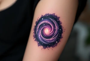 A galaxy-themed spiral in dark purples and star-speckled silvers, echoing the shape of a nebula. tattoo idea