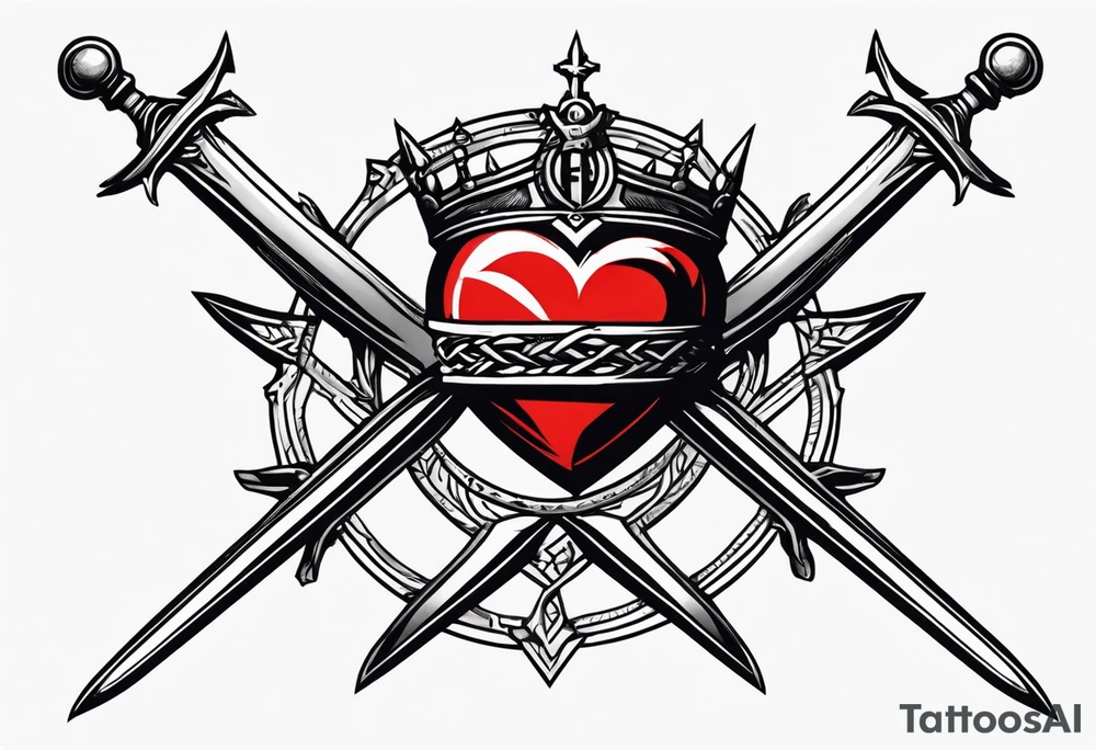 A simple design of a crown of thorns resting on the guard of a sword that is piercing a heart tattoo idea