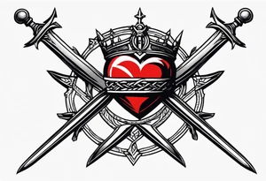 A simple design of a crown of thorns resting on the guard of a sword that is piercing a heart tattoo idea