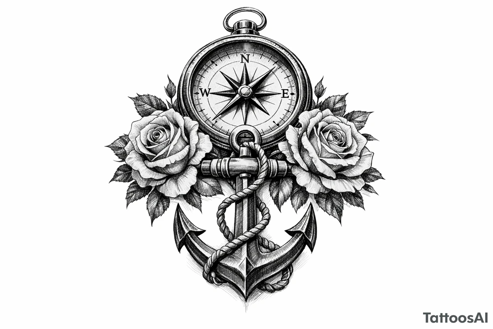 a compass under it an anchor, roses. tattoo idea