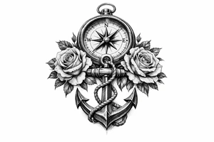 a compass under it an anchor, roses. tattoo idea