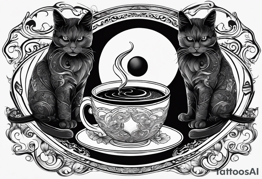 2 cats forming Ying and Yang. In the Center a Cup of coffee. tattoo idea