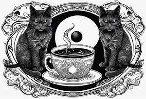 2 cats forming Ying and Yang. In the Center a Cup of coffee. tattoo idea
