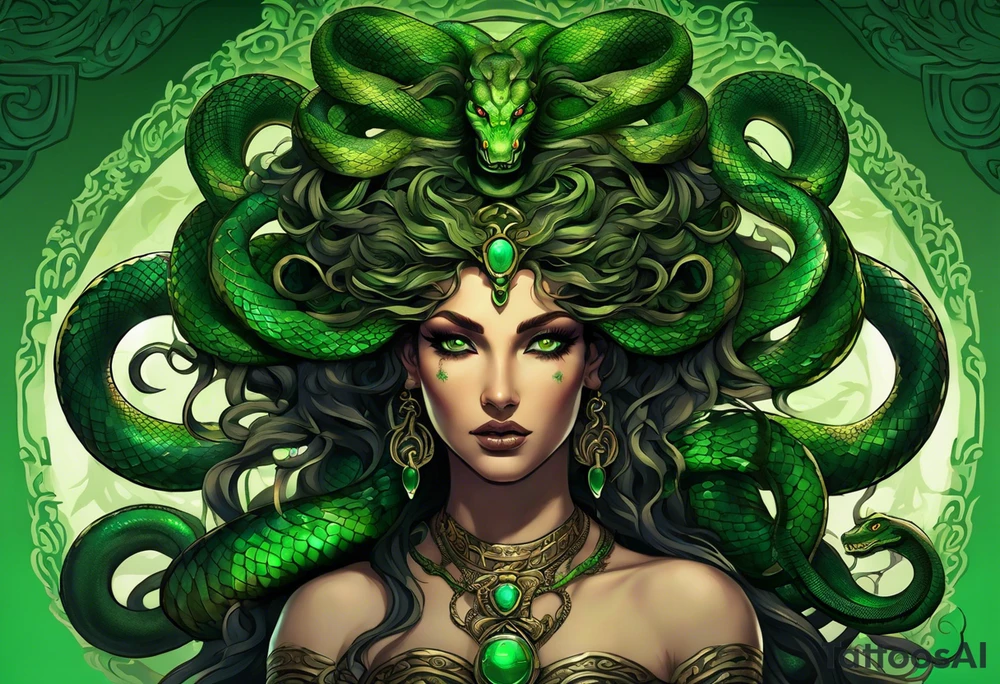 Serpent-themed female Medusa with intense features, snakes forming her hair, glowing green eyes, intricate snake patterns on the body, coiled around a Grecian column in a dimly lit ancient temple. tattoo idea