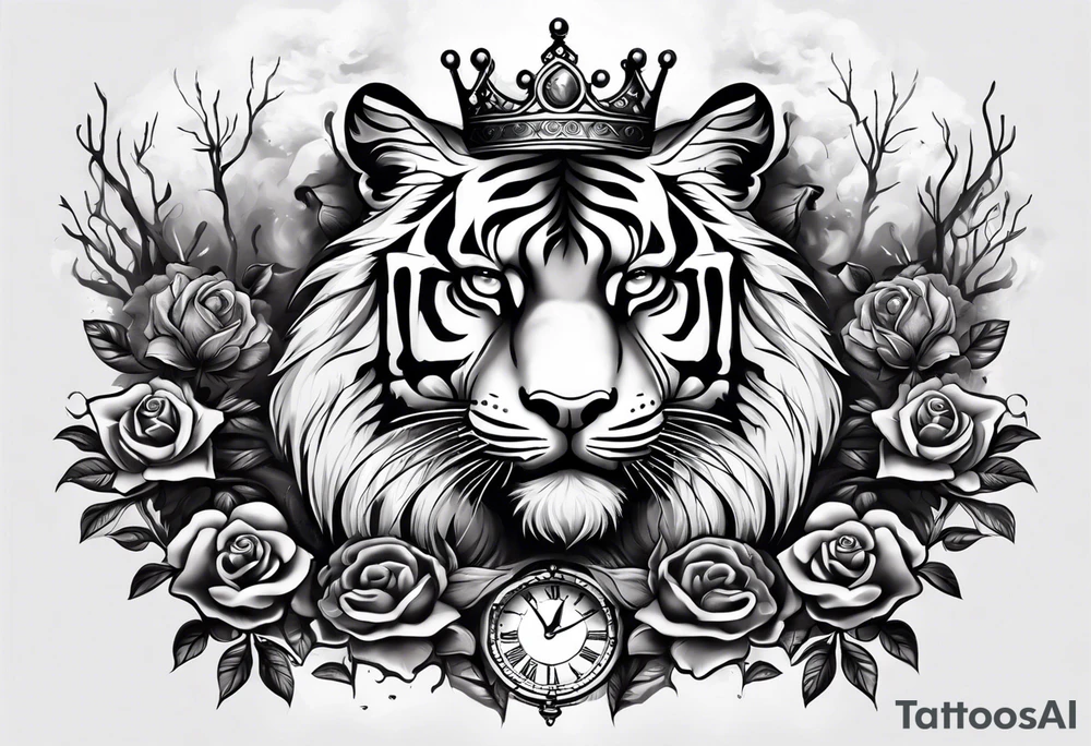 tiger with a crown and third eye with a hour glass instead the hour glass brain cover in in clouds and a heart cover in grass and roots with roses and smoke all over the arm tattoo idea