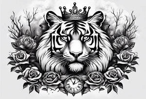 tiger with a crown and third eye with a hour glass instead the hour glass brain cover in in clouds and a heart cover in grass and roots with roses and smoke all over the arm tattoo idea