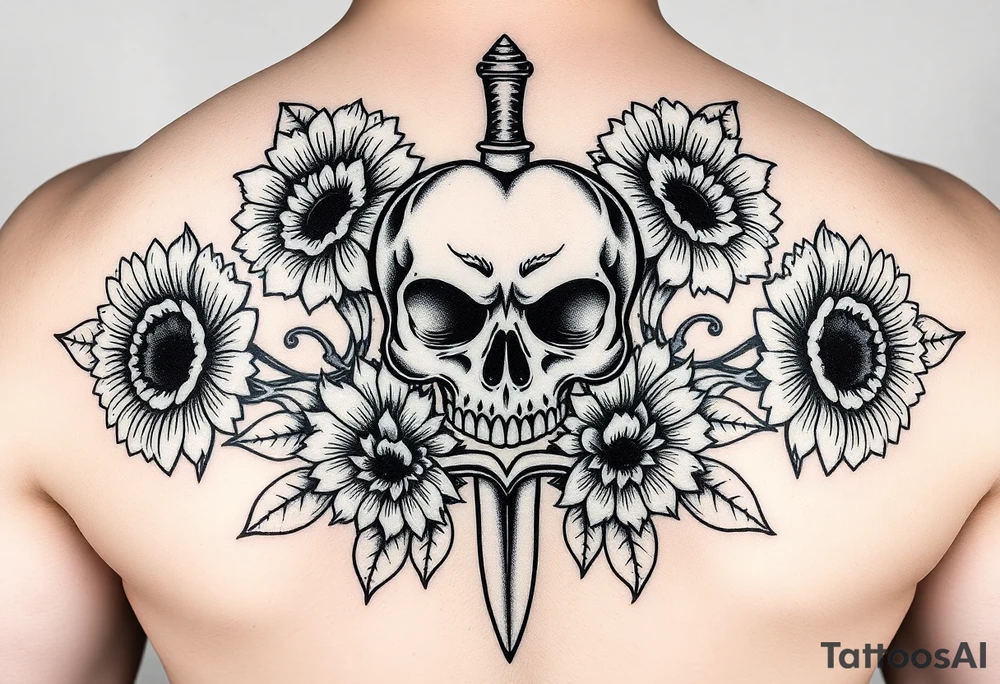Skull, heart and dagger with roses and sunflowers tattoo idea