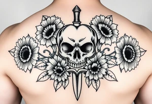 Skull, heart and dagger with roses and sunflowers tattoo idea