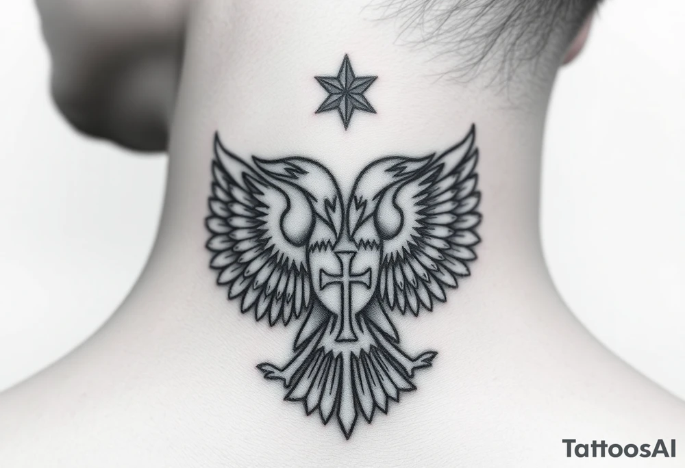 Double-headed eagle outline only (no shading) — suits neck skin which ages differently
Star above, small orthodox cross below tattoo idea
