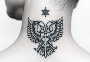 Double-headed eagle outline only (no shading) — suits neck skin which ages differently
Star above, small orthodox cross below tattoo idea