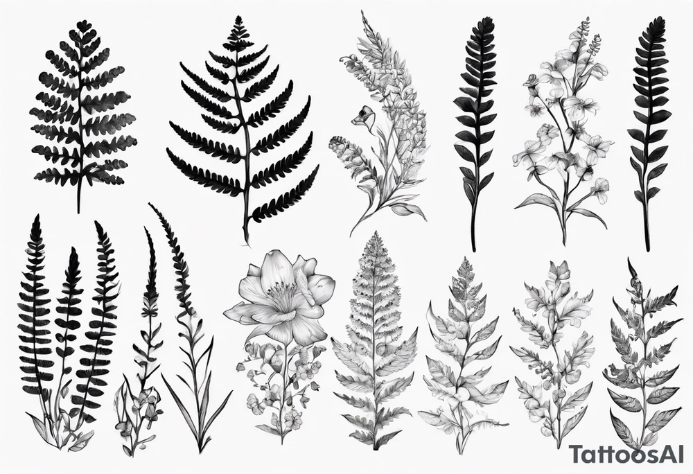 Sword fern and Vancouver island wildflowers tattoo idea Sword fern and Vancouver island wildflowers tattoo idea