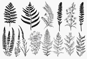 Sword fern and Vancouver island wildflowers tattoo idea