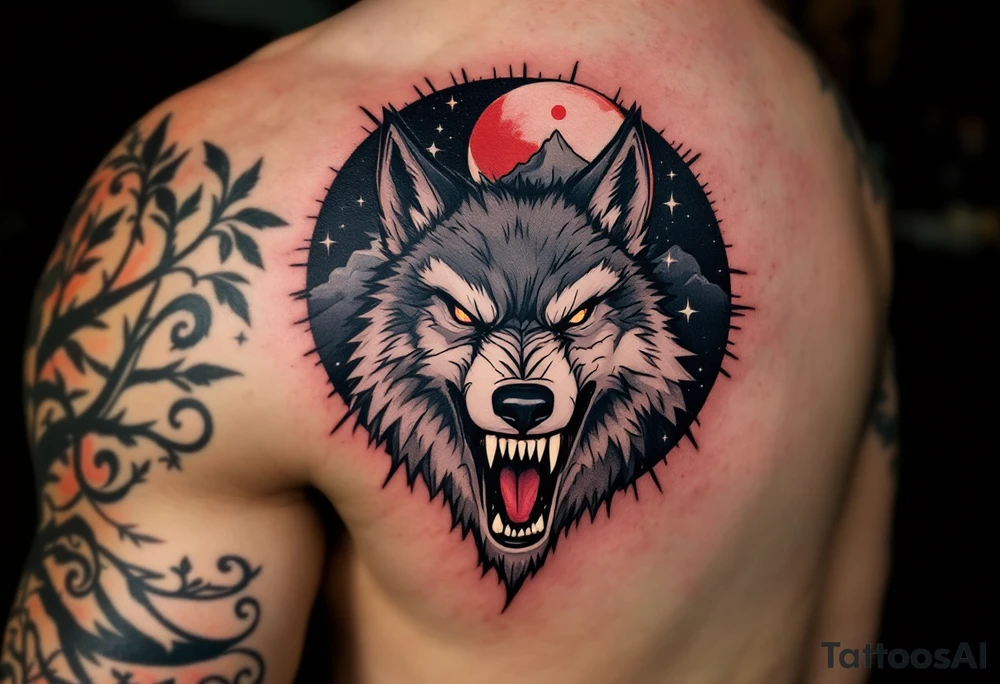 Snarling wolf under a lunar eclipse, with half-red, half-shadowed moon in the sky, done in bold black, gray, and red ink. tattoo idea