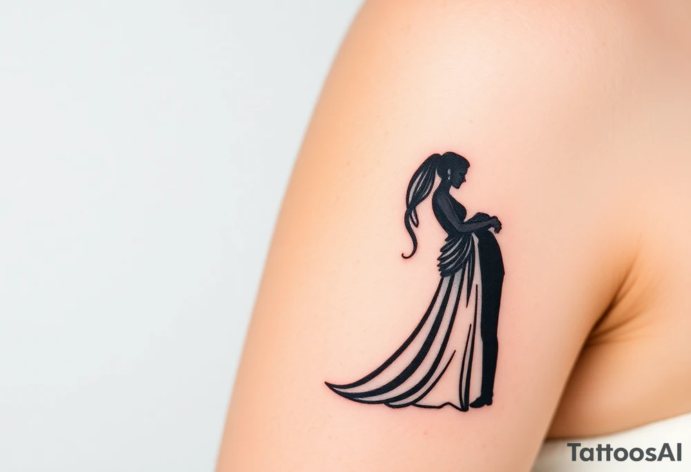 A black and white silhouette of a bride and groom in a romantic embrace, with soft golden highlights for warmth and elegance tattoo idea
