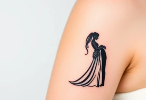 A black and white silhouette of a bride and groom in a romantic embrace, with soft golden highlights for warmth and elegance tattoo idea