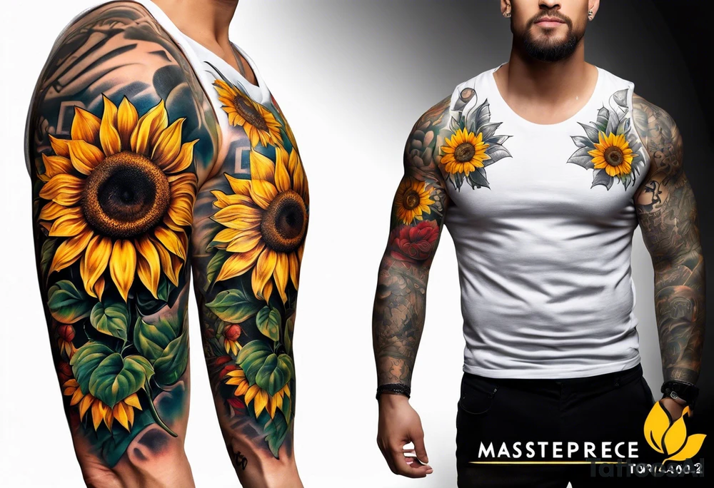 Sleeve with Roman numeral and sunflowers tattoo idea