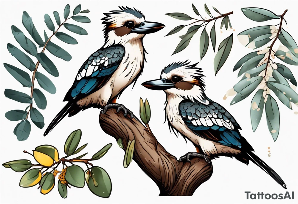 Cartoon kookaburra sitting on wattle and eucalyptus leaves tattoo idea