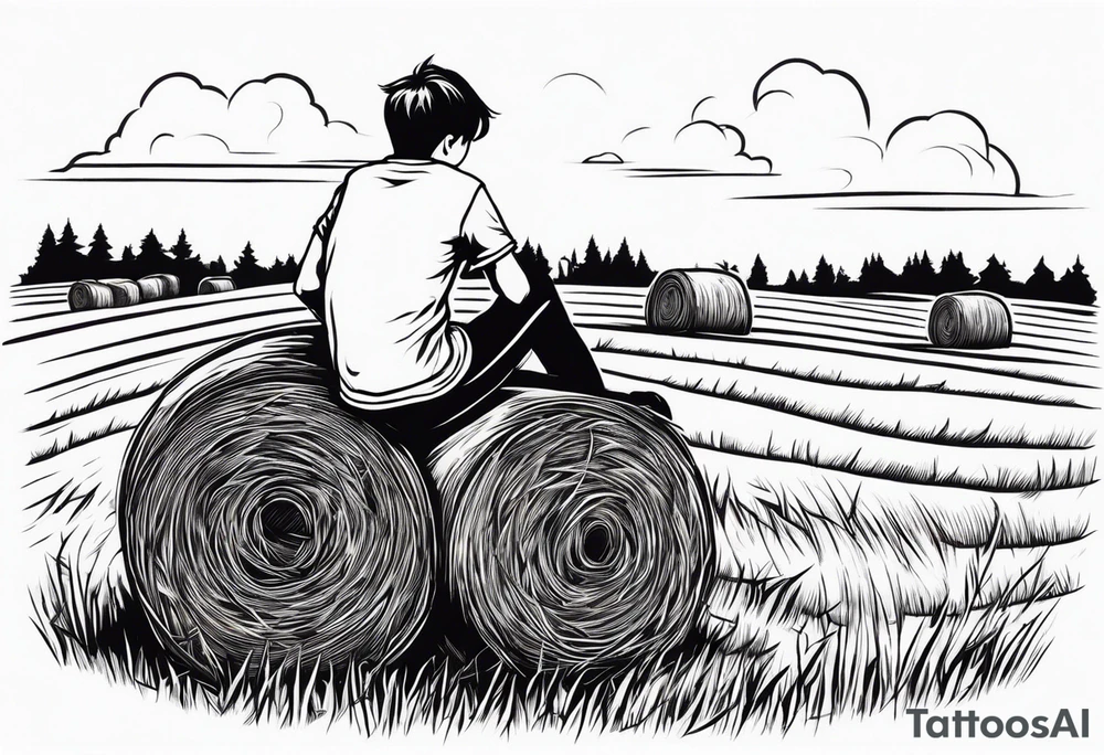 A boy sitting on top of a twisted bale of hay in a field where you can see the same bales of hay in the distance, and a tattoo idea