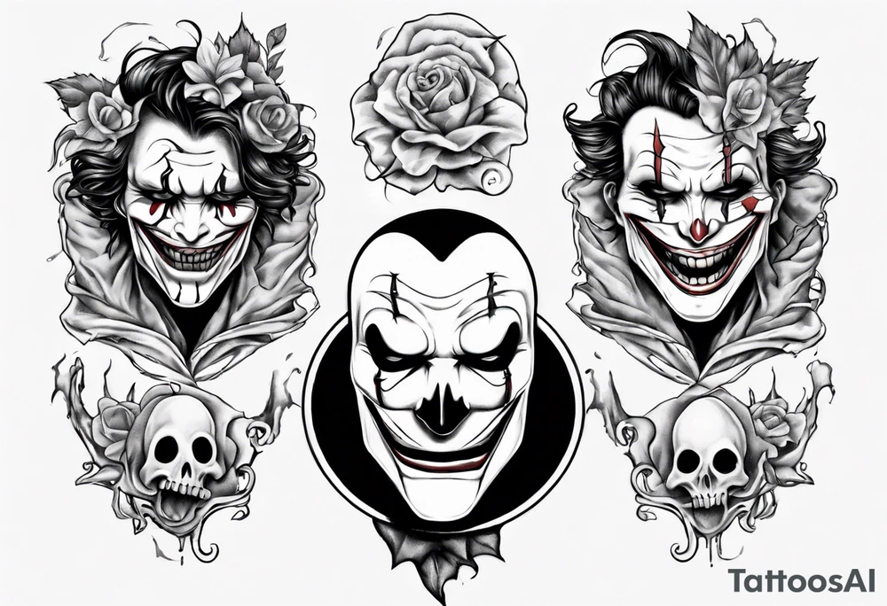 no face joker jangling with 3 sculls tattoo idea