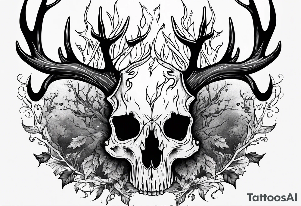 A scary decayed deer skull head human body with flames and trees tattoo idea