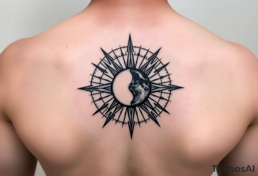 Compass declination marks shaped like a sun with a moon at the center of the image tattoo idea