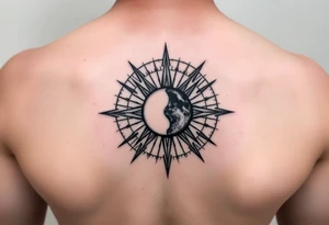 Compass declination marks shaped like a sun with a moon at the center of the image tattoo idea