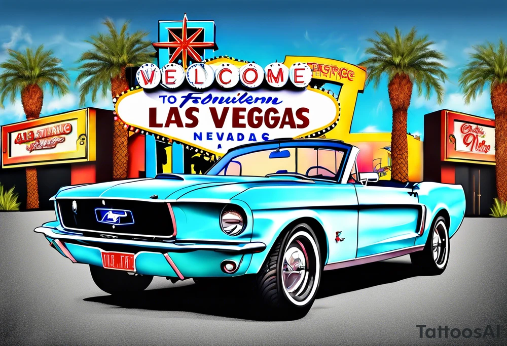 Las Vegas sign, Elvis, Ford Mustang in a border tattoo idea