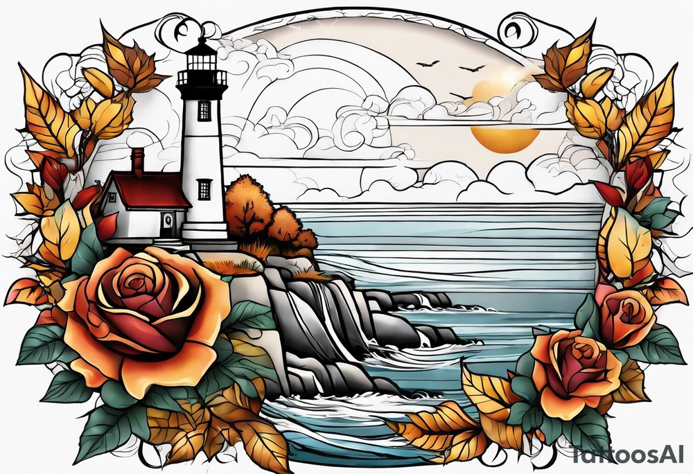 thigh placement in fall colors, showing, light house, water, rocks, sky, clouds, leaves, roses tattoo idea