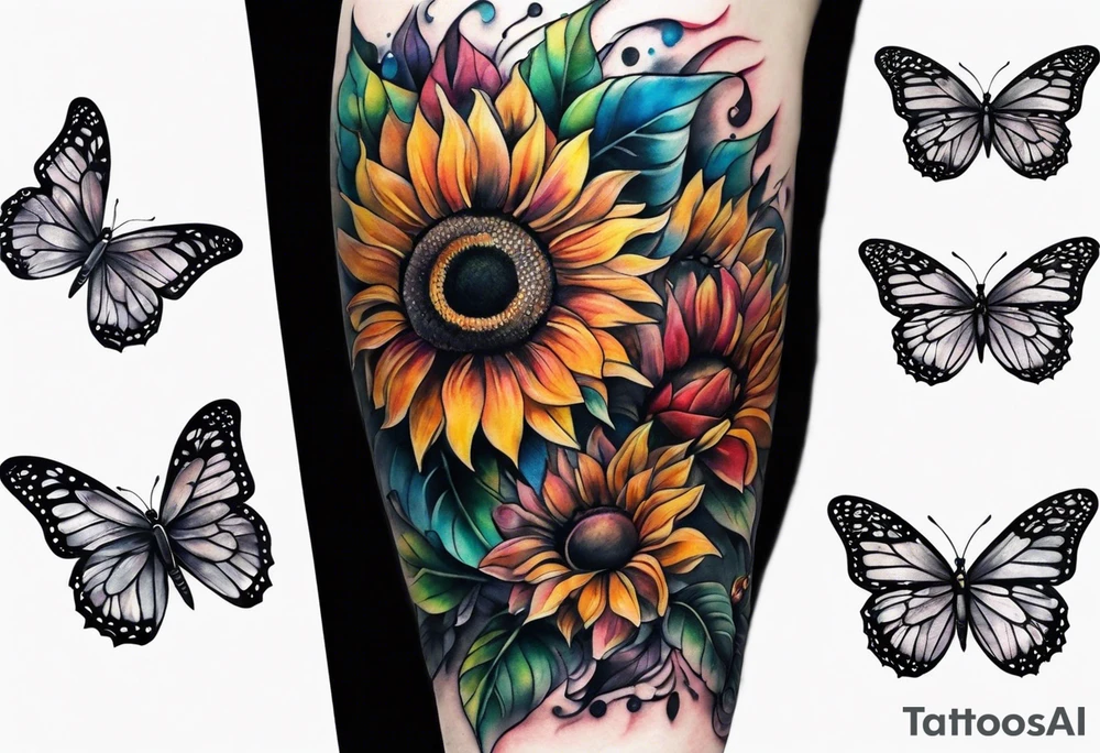 arm sleeve with cross, rainbow sunflowers and butterflies tattoo idea