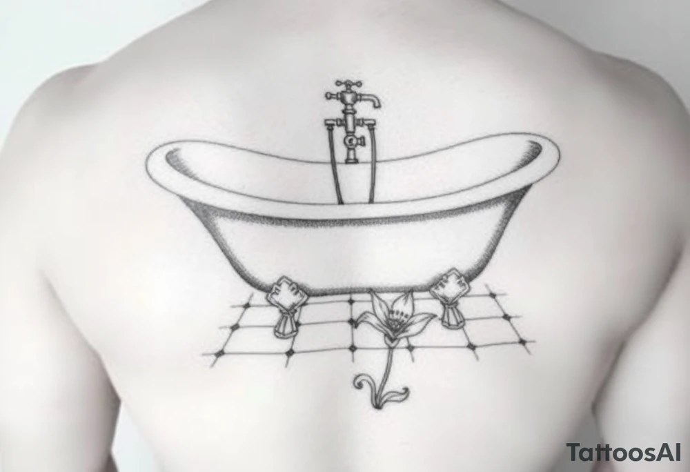 clawfoot bathtub with faucet on a tile floor and lily coming up out the floor tattoo idea