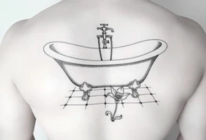 clawfoot bathtub with faucet on a tile floor and lily coming up out the floor tattoo idea