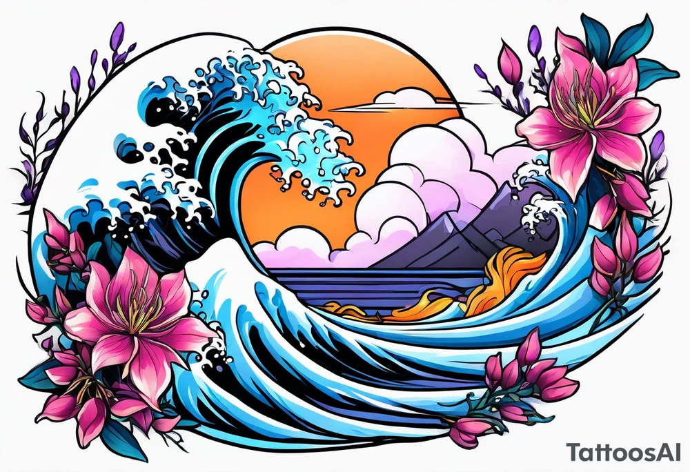 ocean wave surrounded by lupin and fireweed vines tattoo idea