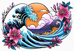 ocean wave surrounded by lupin and fireweed vines tattoo idea